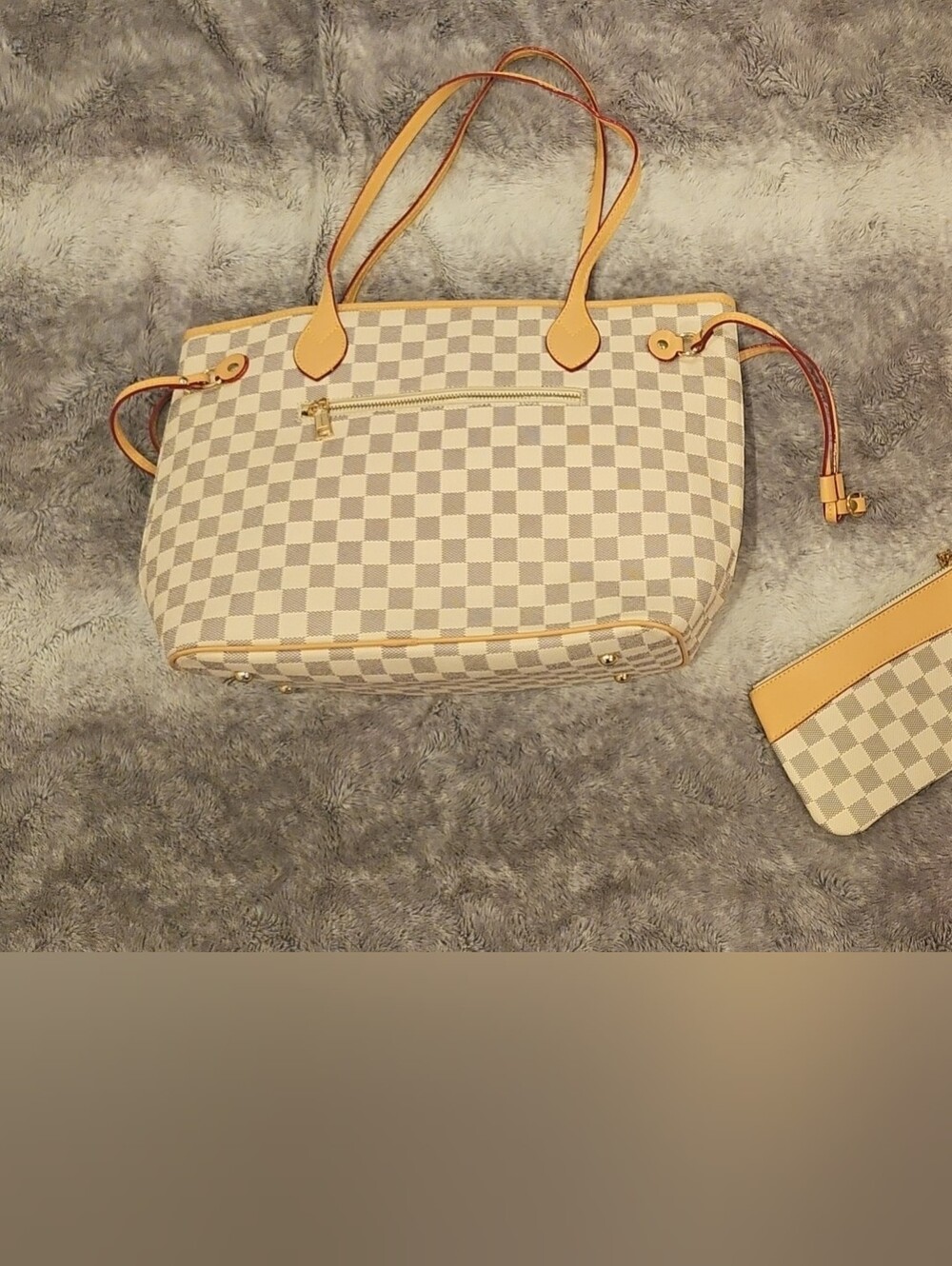 Checked Fashion Bag with Matching Pouch - Cream/Tan